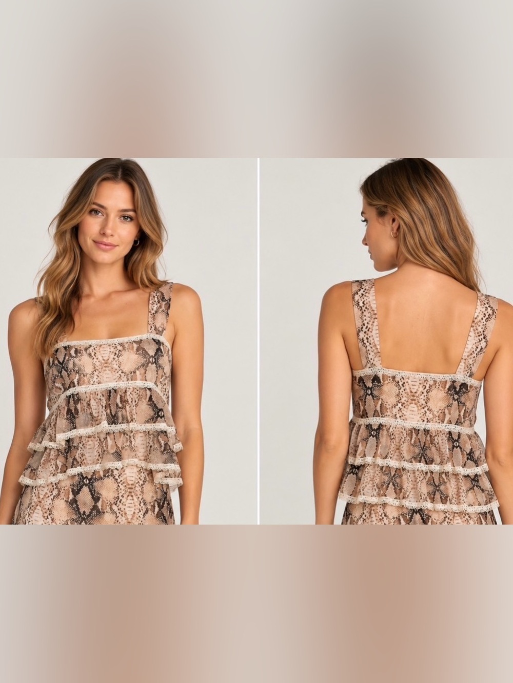 Olivaceous Tan and Black Snake Print Tiered Strappy Top M Medium